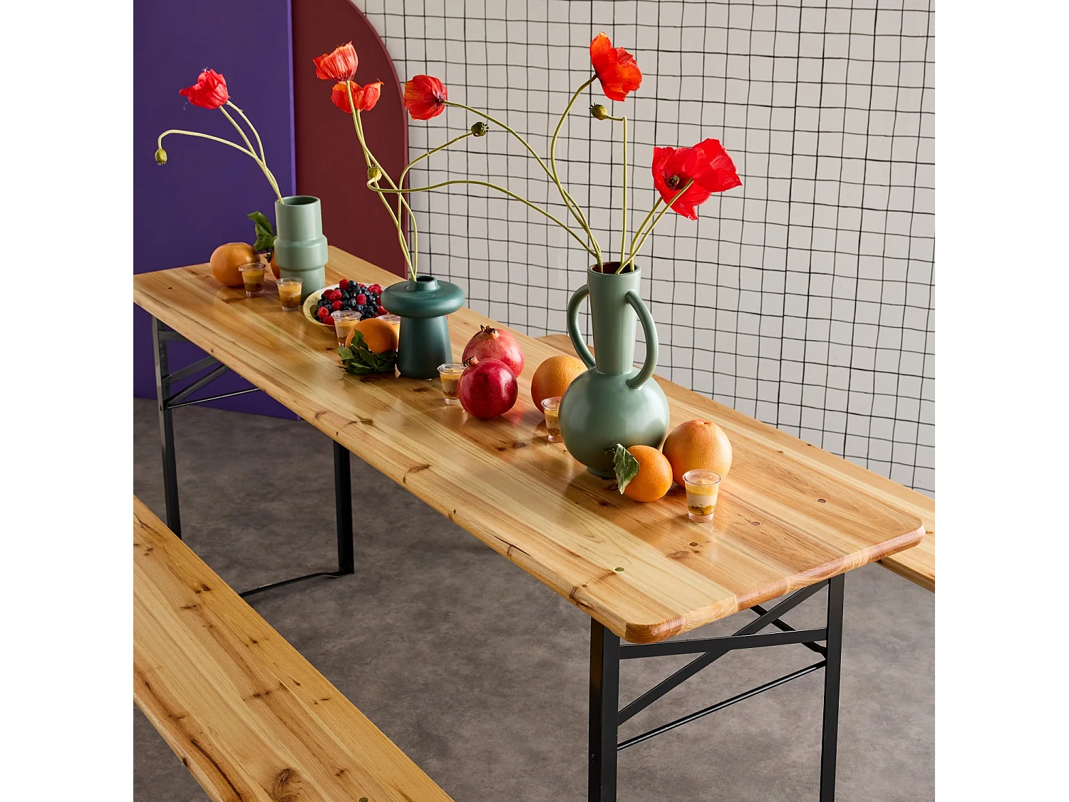 Table de jardin pliante bois de sapin + 2 bancs BAYONNE – Esprit brasserie. pliable. 6 personnes