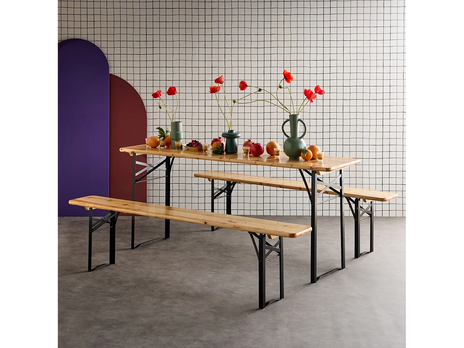 Table de jardin pliante bois de sapin + 2 bancs BAYONNE – Esprit brasserie. pliable. 6 personnes