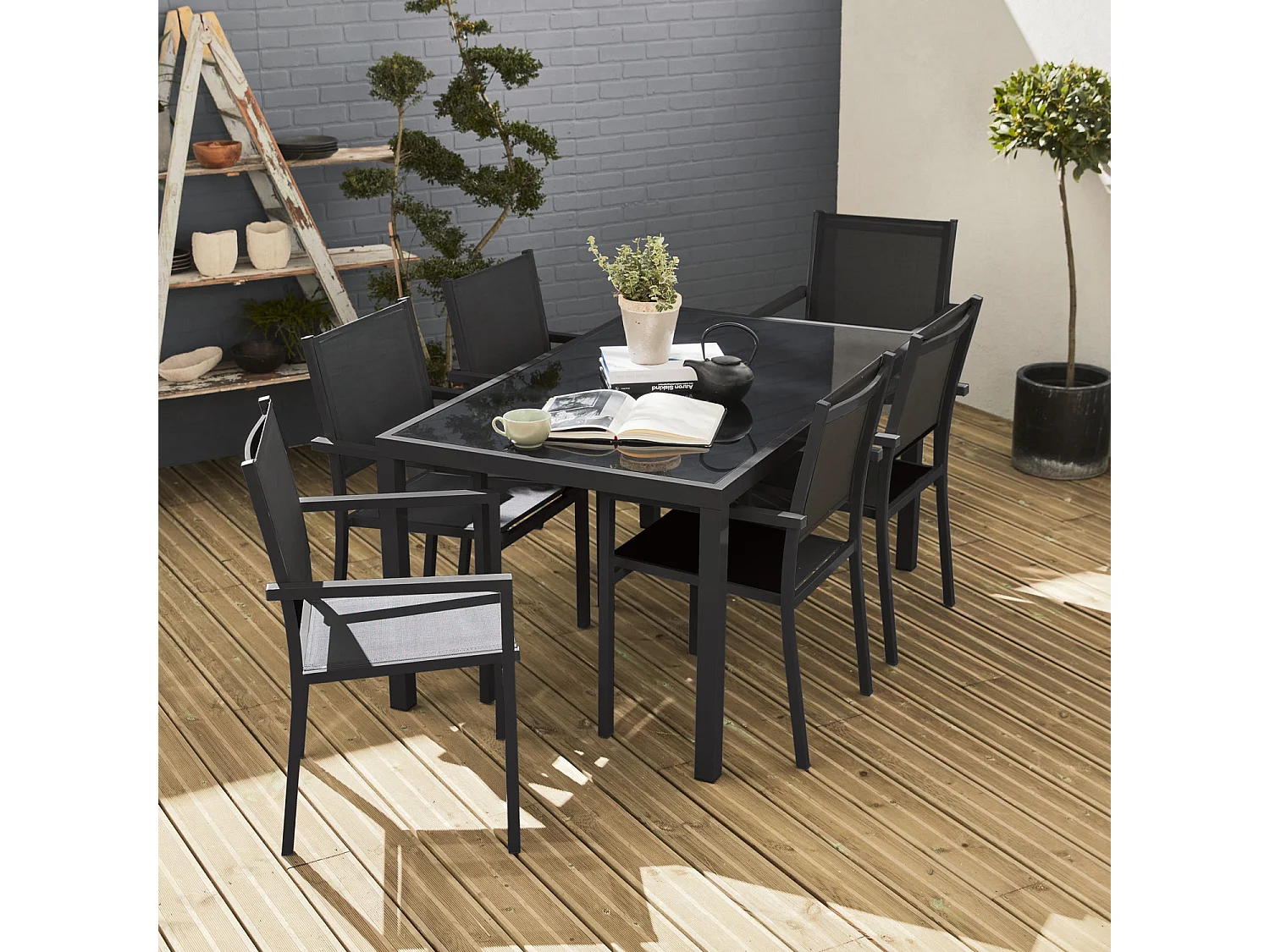Set tavolo da giardino in alluminio e textilene con 6 sedie, antracite