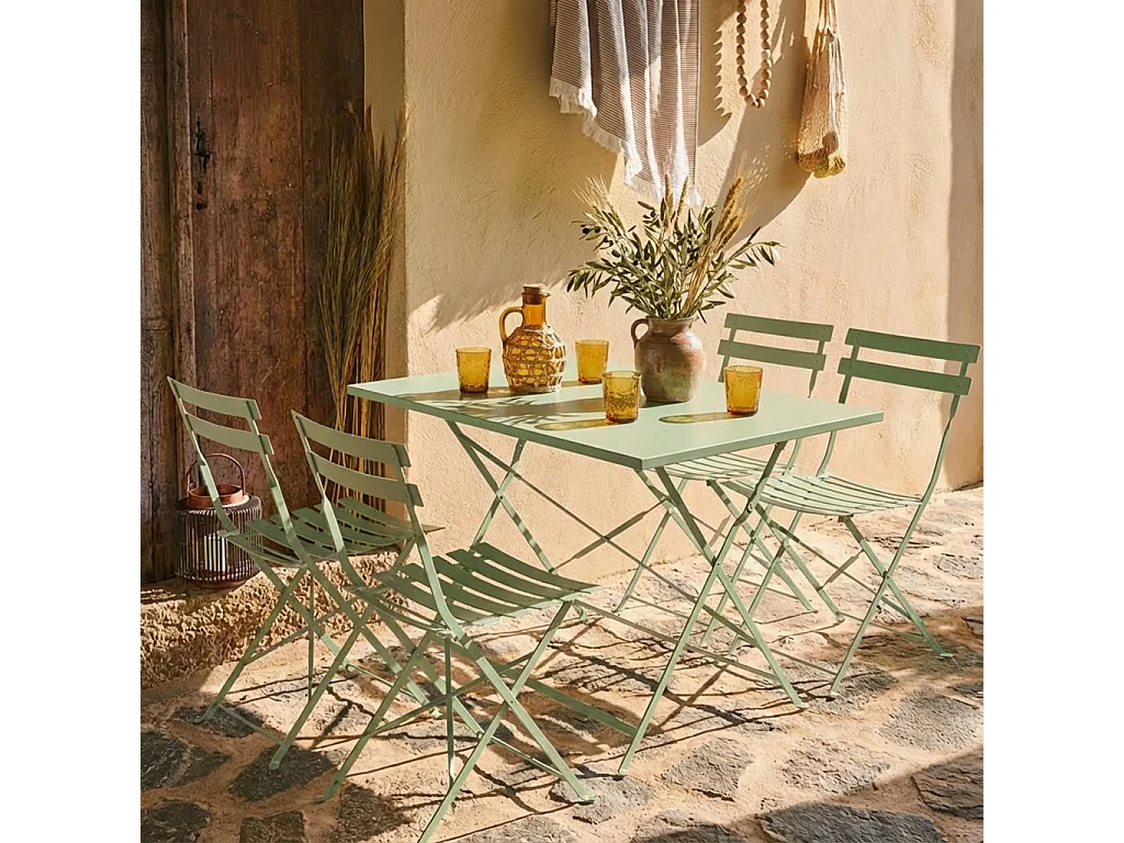 Table de jardin bistrot pliante métal + 4 assises 110 x 70cm. avec quatre chaises pliantes. acier thermolaqué