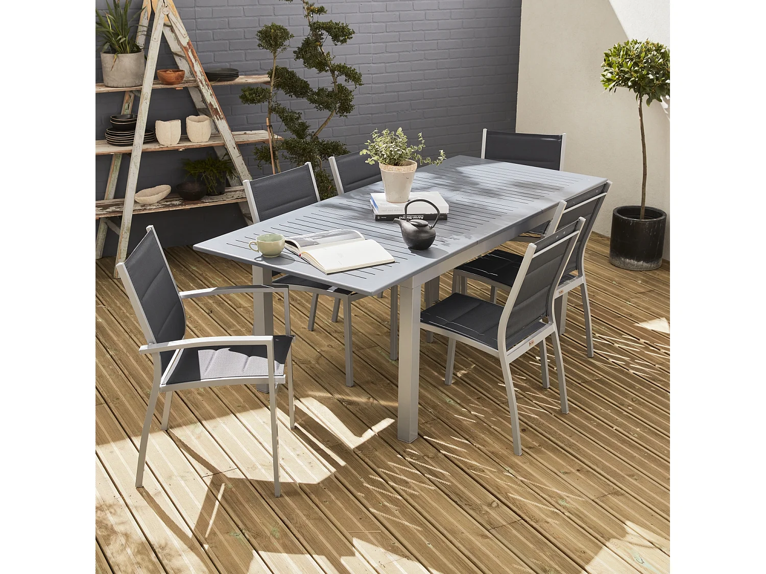 Set tavolo da giardino allungabile in alluminio, 6 posti, grigio