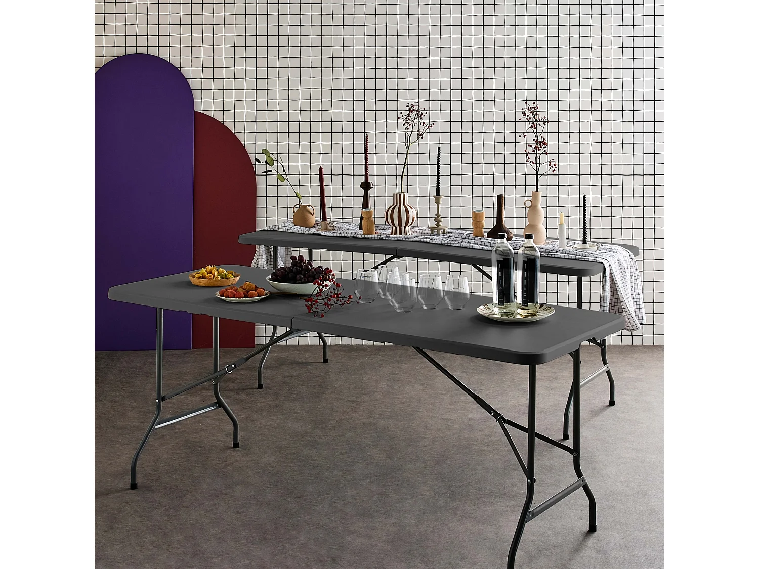 Lot de 2 tables de réception. pliables 180cm. grise foncé. table pliante avec poignée de transport. table de camping