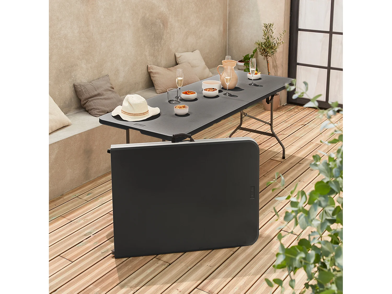 Lot de 2 tables de réception. pliables 180cm. grise foncé. table pliante avec poignée de transport. table de camping
