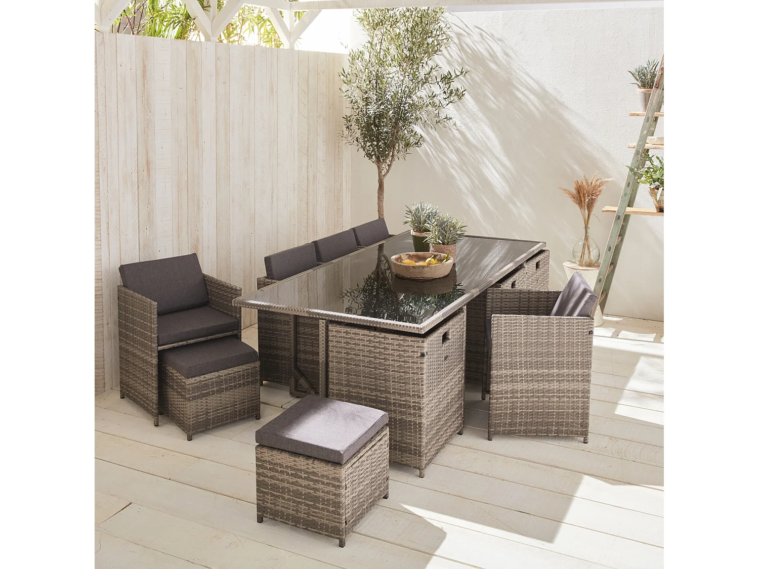 Set tavolo da giardino in resina intrecciata con 8-12 posti, scala di