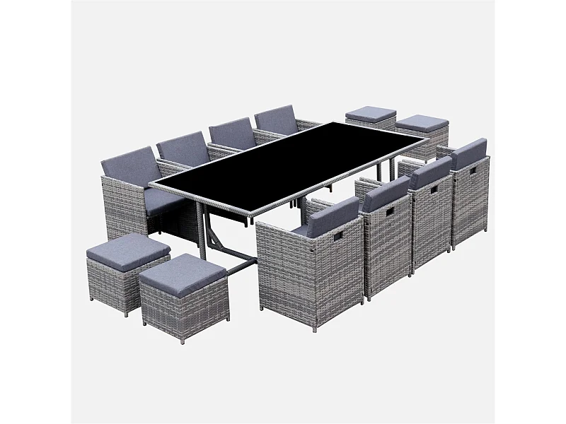 Set tavolo da giardino in resina intrecciata con 8-12 posti, scala di