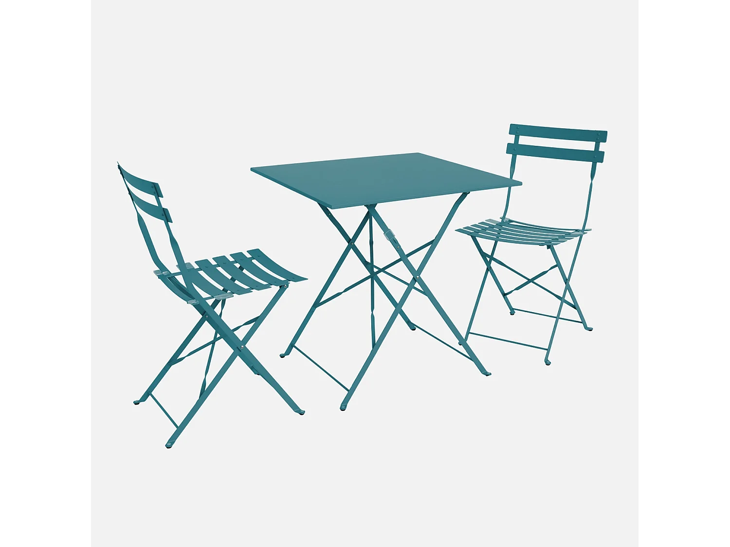 Table de jardin bistrot pliante métal + 2 assises bleu canard 70 x 70cm. acier thermolaqué