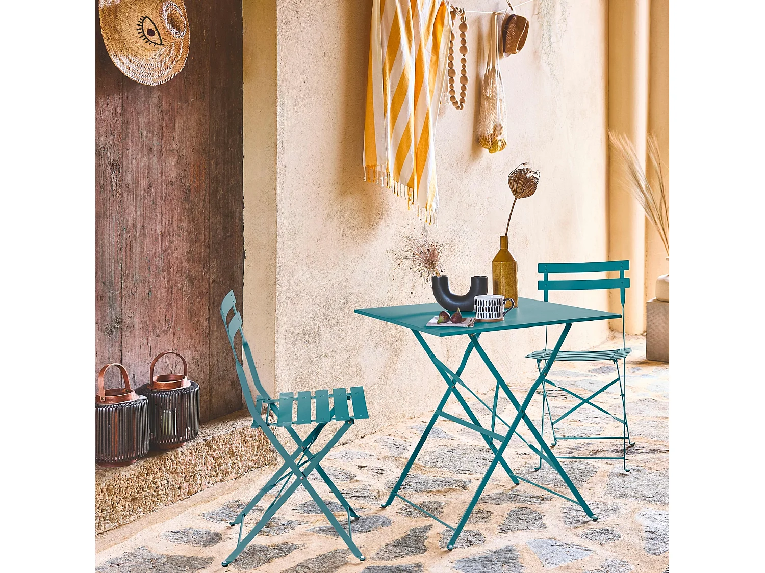 Tavolo da giardino pieghevole in metallo con 2 sedie, blu