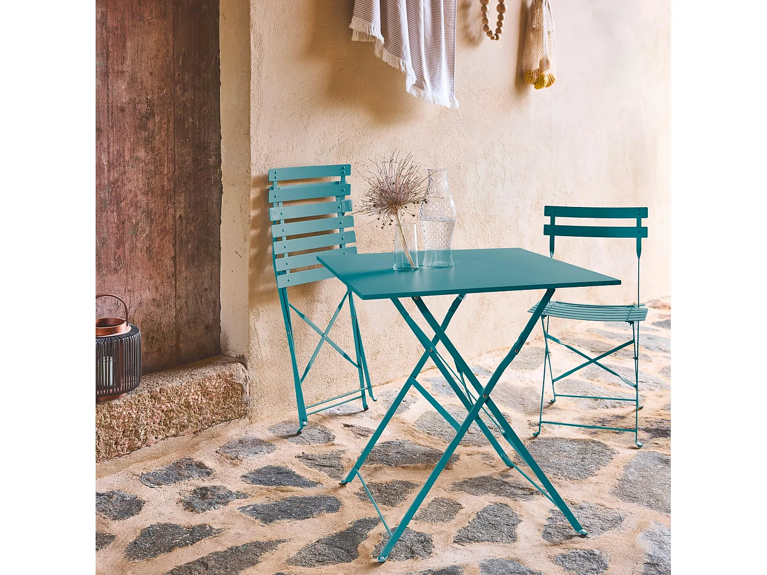 Tavolo da giardino pieghevole in metallo con 2 sedie, blu