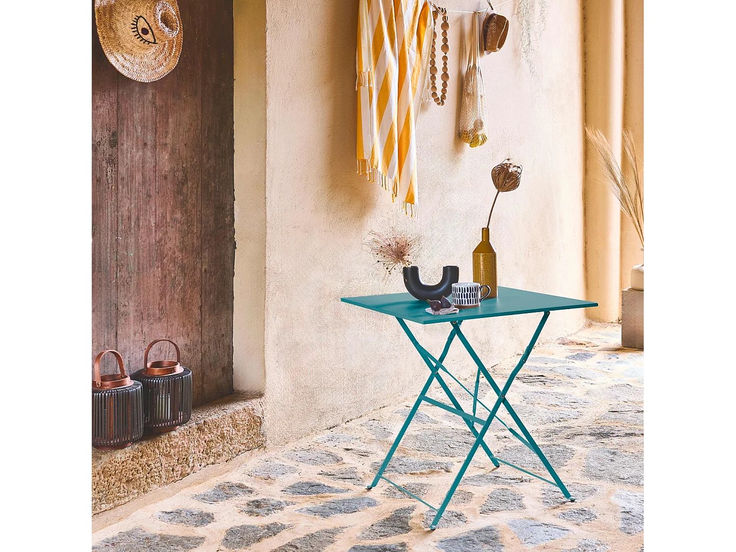 Table de jardin bistrot pliante métal + 2 assises bleu canard 70 x 70cm. acier thermolaqué