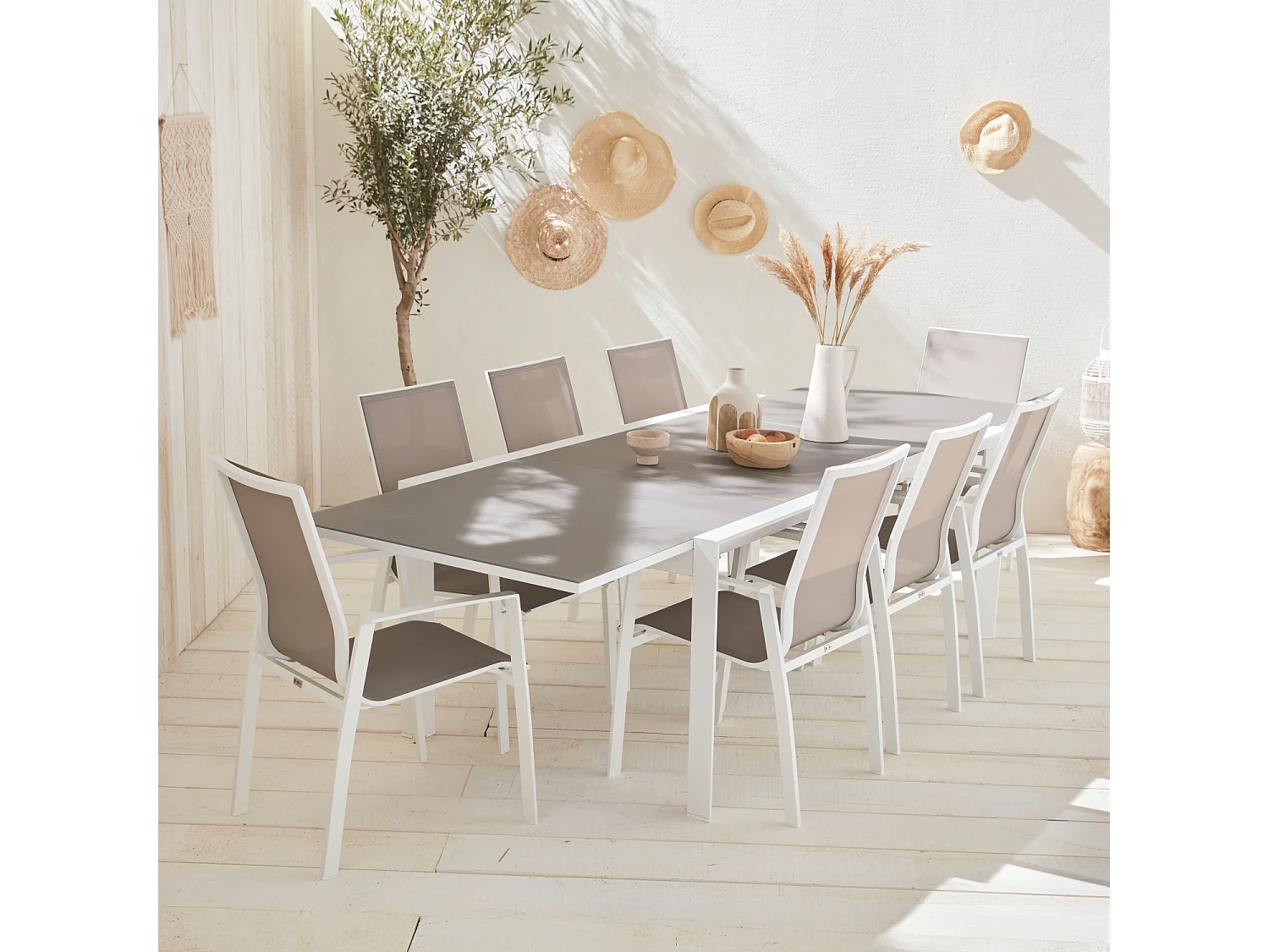 Set tavolo da giardino allungabile in alluminio, 8 sedie, bianco