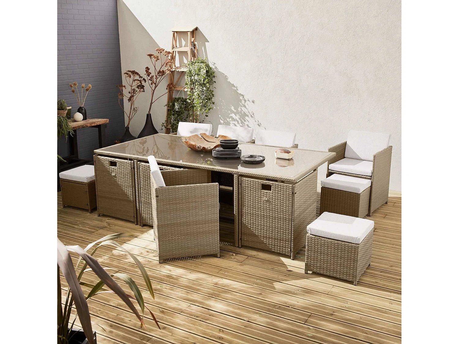 Set tavolo da giardino in resina intrecciata, 8-12 posti, beige