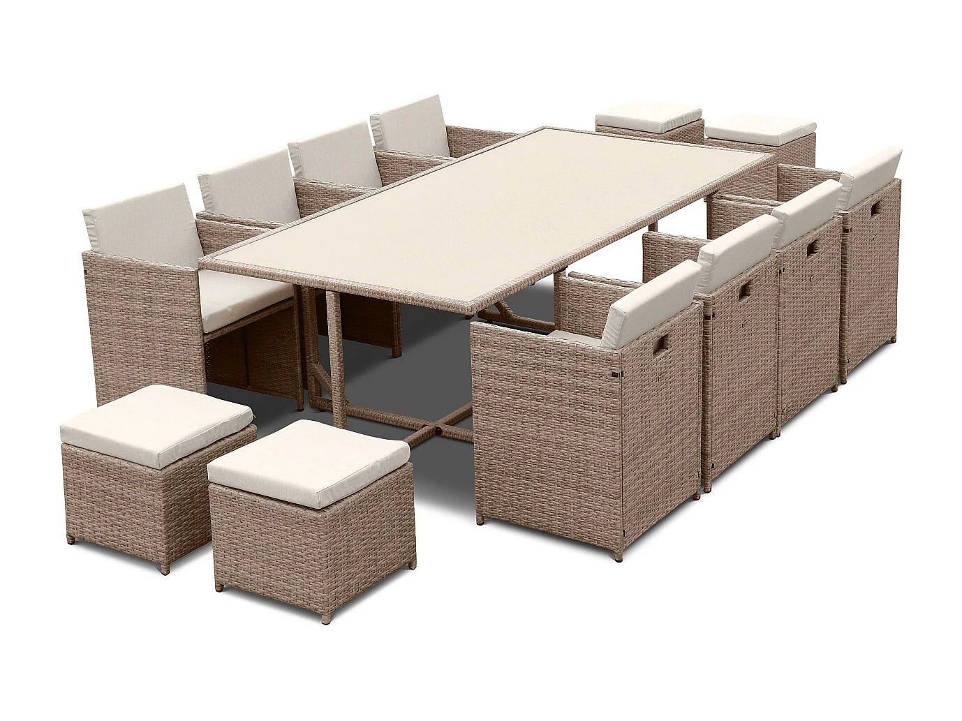Salon de jardin 8-12 places – Vabo – Coloris Beige. Coussins Beige. table encastrable