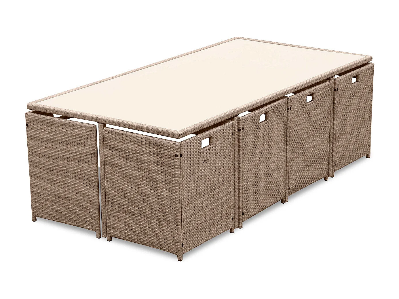 Salon de jardin 8-12 places – Vabo – Coloris Beige. Coussins Beige. table encastrable