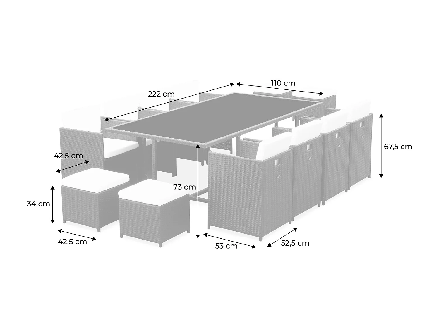 Salon de jardin 8-12 places – Vabo – Coloris Beige. Coussins Beige. table encastrable