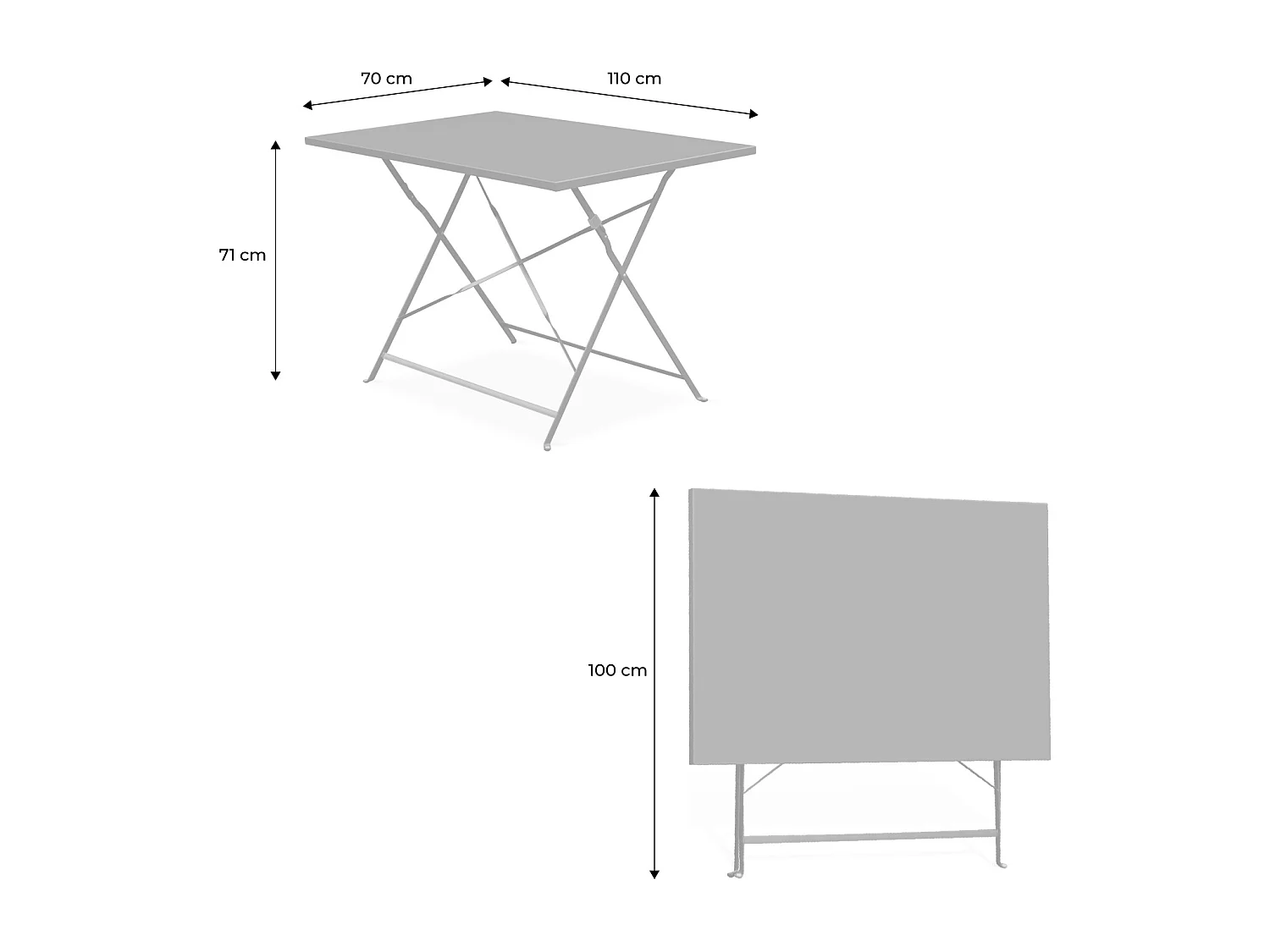 Table de jardin bistrot pliante métal + 4 assises 110 x 70cm. avec quatre chaises pliantes. acier thermolaqué