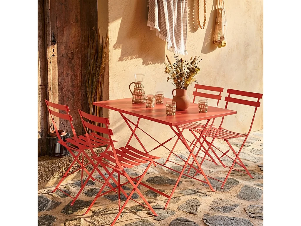 Table de jardin bistrot pliante métal + 4 assises 110 x 70cm. avec quatre chaises pliantes. acier thermolaqué