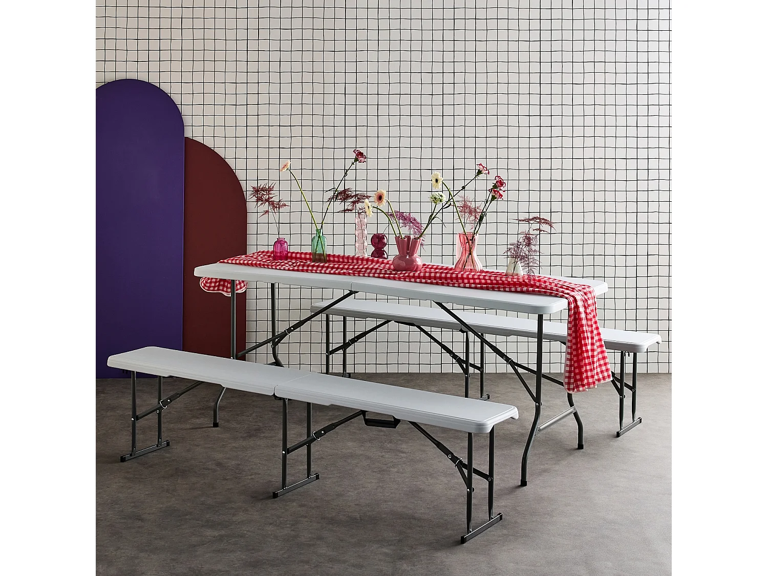 Set de mesa y bancos plegables portátiles para eventos blanco