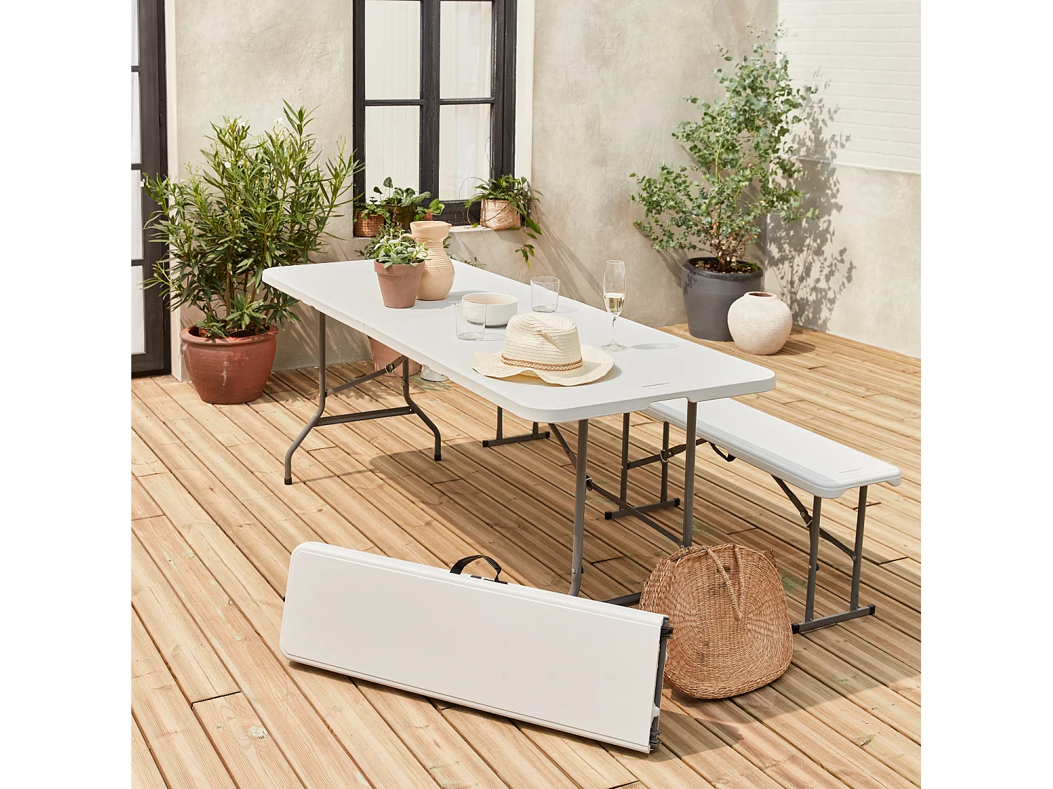 Set de mesa y bancos plegables portátiles para eventos blanco