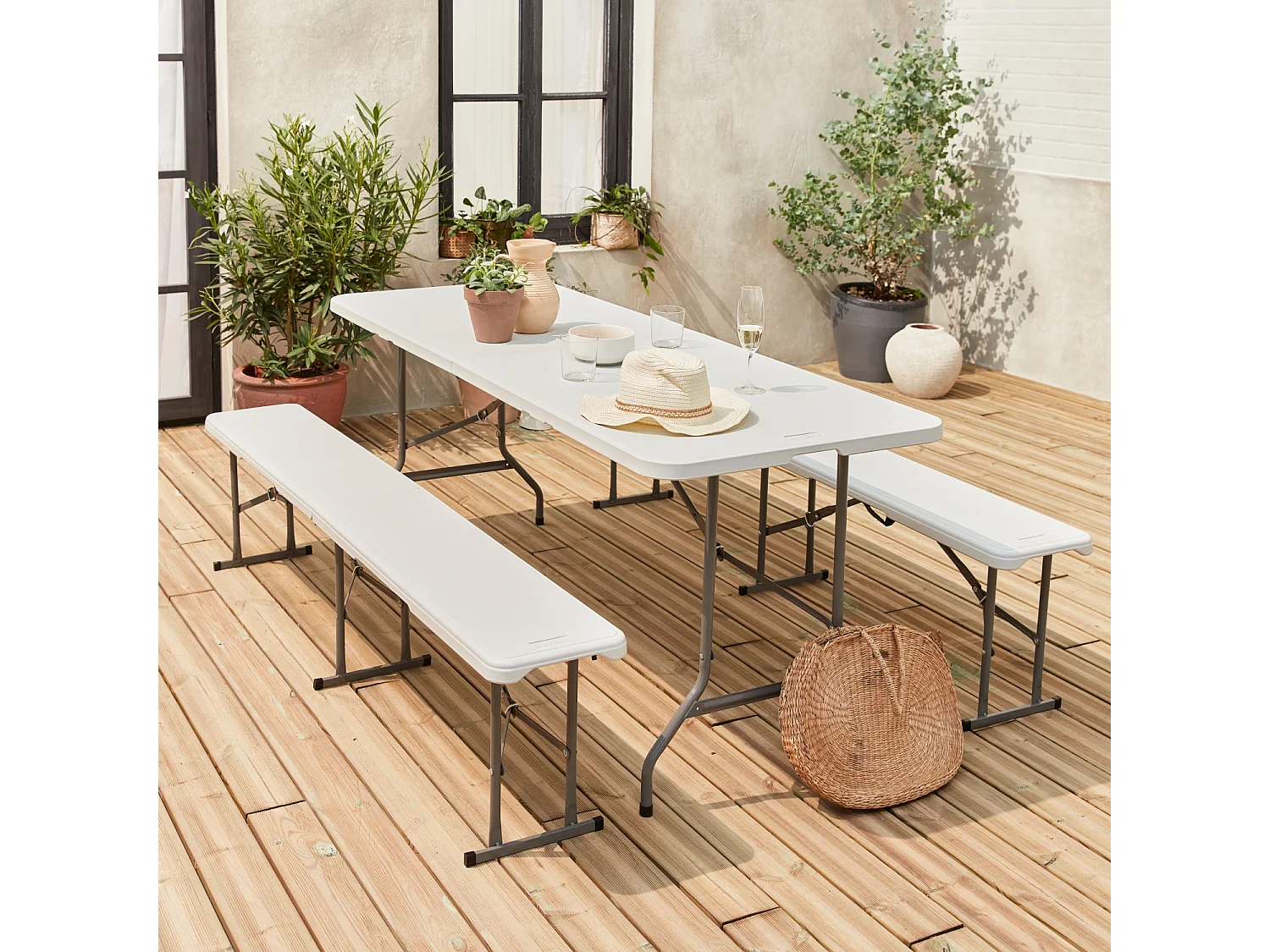 Set de mesa y bancos plegables portátiles para eventos blanco