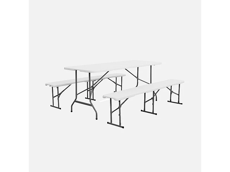 Set de table et bancs de réception. 180cm. pliables. avec poignée de transport. plastique blanc. table de camping