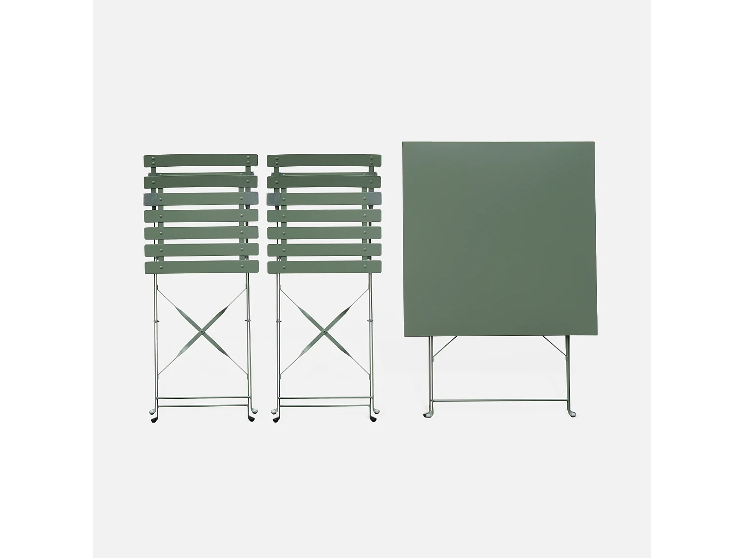 Table de jardin bistrot pliante métal + 2 assises vert de gris 70 x 70cm. acier thermolaqué