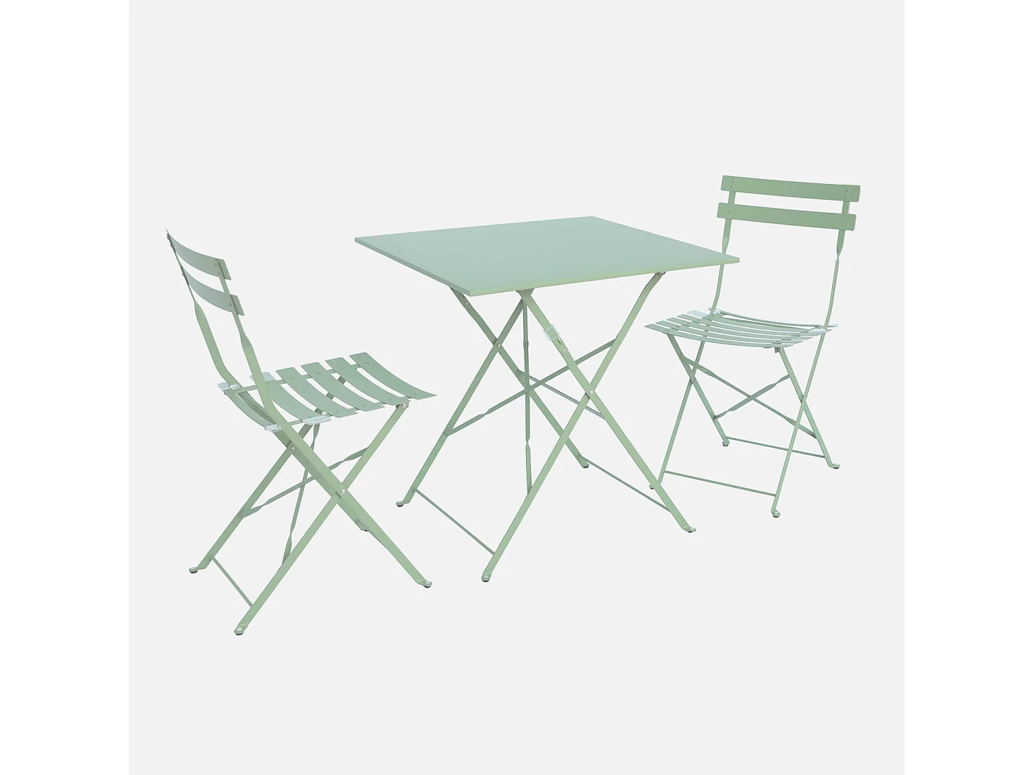 Table de jardin bistrot pliante métal + 2 assises vert de gris 70 x 70cm. acier thermolaqué