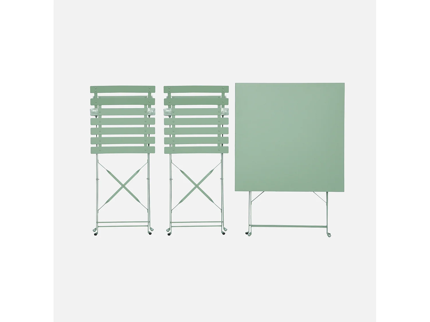 Table de jardin bistrot pliante métal + 2 assises vert de gris 70 x 70cm. acier thermolaqué