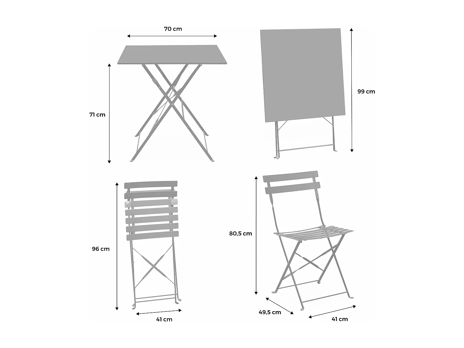 Table de jardin bistrot pliante métal + 2 assises bleu grisé 70 x 70cm. acier thermolaqué