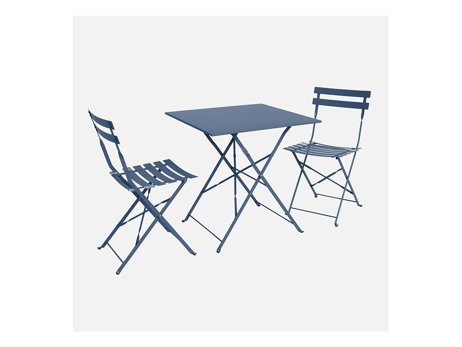 Table de jardin bistrot pliante métal + 2 assises bleu grisé 70 x 70cm. acier thermolaqué