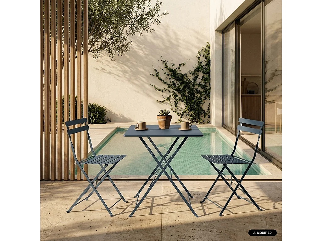 Table de jardin bistrot pliante métal + 2 assises bleu grisé 70 x 70cm. acier thermolaqué