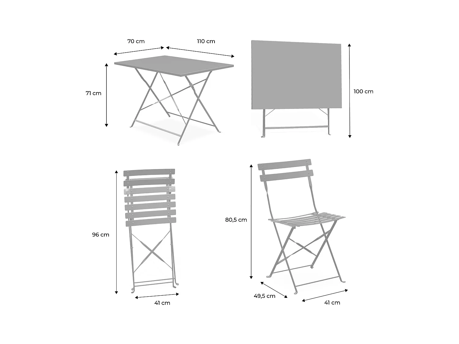 Table de jardin bistrot pliante métal + 4 assises 110 x 70cm. avec quatre chaises pliantes. acier thermolaqué