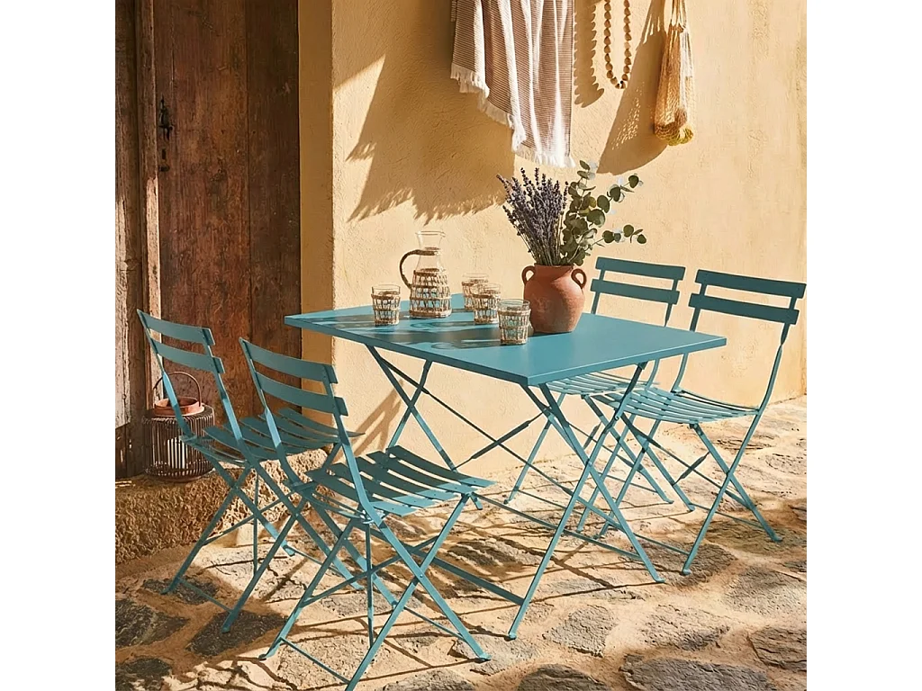 Set mesa de jardín bistró plegable de acero con 4 sillas, 110cm azul