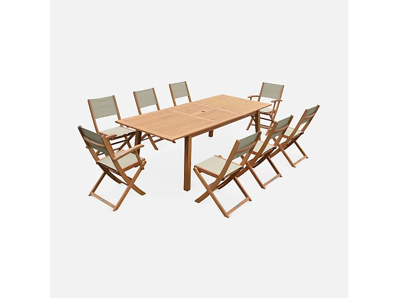 Table de jardin extensible bois d'eucalyptus + 8 assises en bois d'Eucalyptus huilé et textilène gris taupe