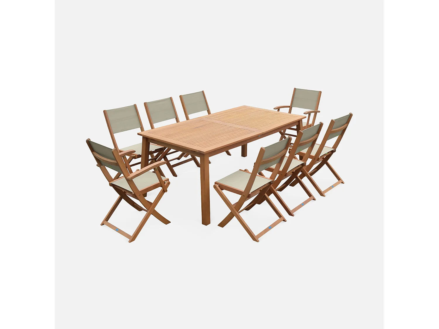 Table de jardin extensible bois d'eucalyptus + 8 assises en bois d'Eucalyptus huilé et textilène gris taupe