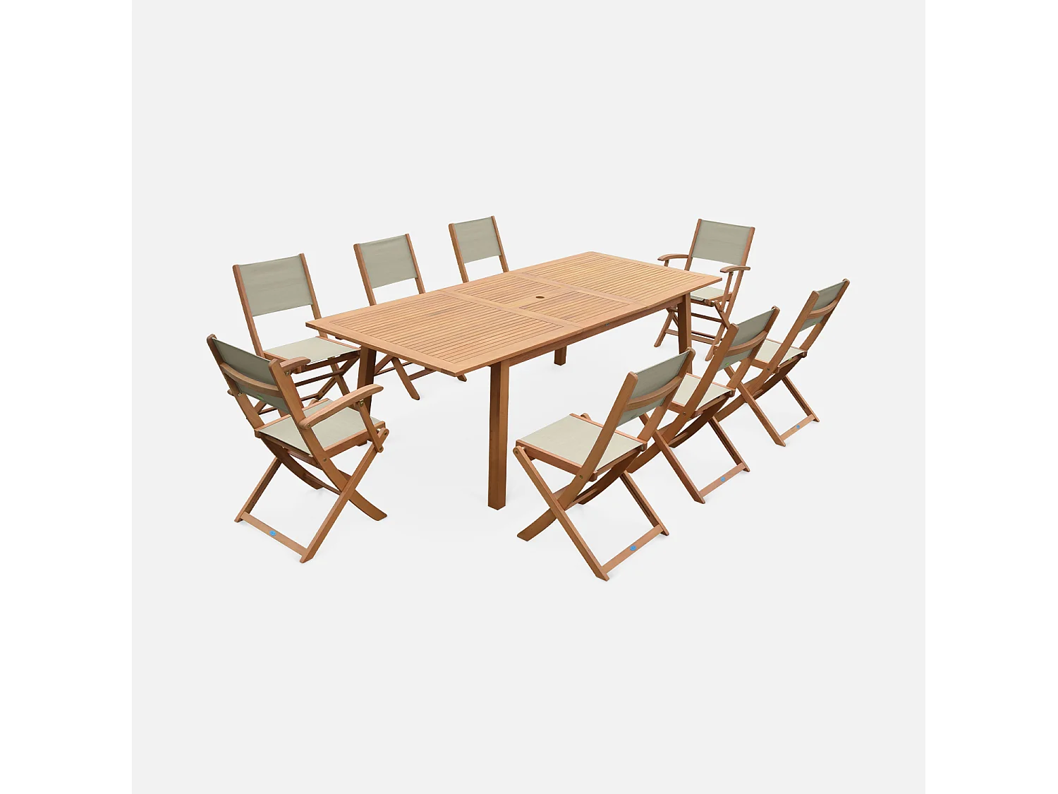Mesa de jardín de madera extensible, 8 sillas madera