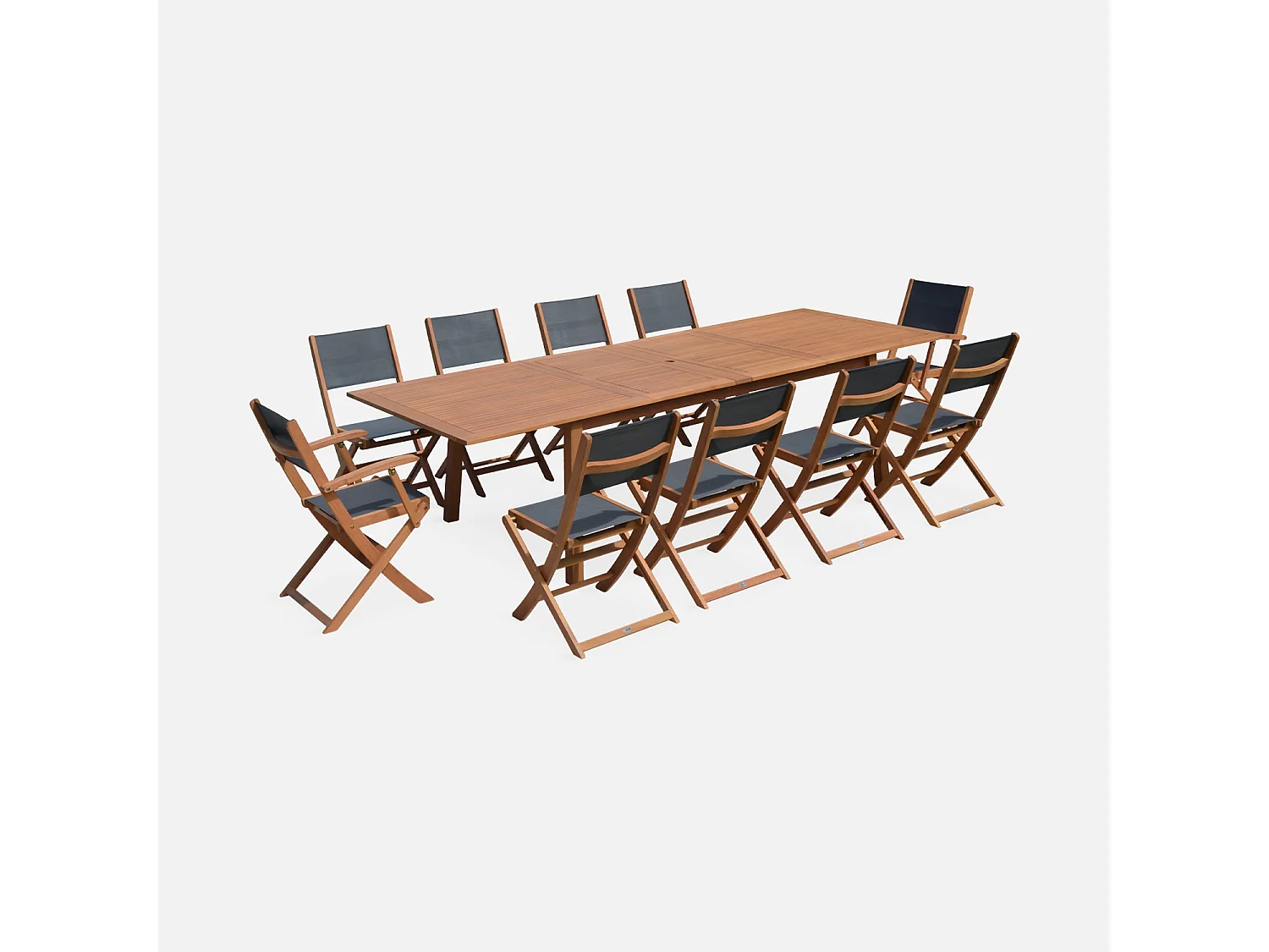 Set tavolo da giardino allungabile in legno con 10 sedie, marrone