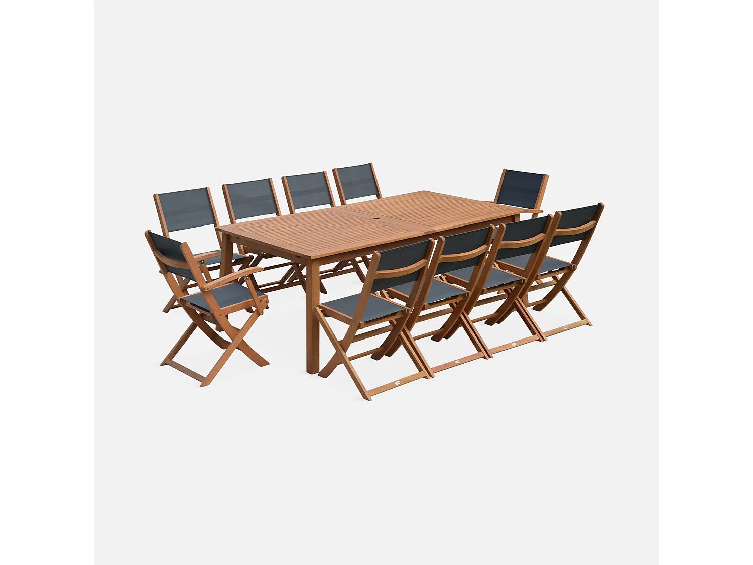 Set tavolo da giardino allungabile in legno con 10 sedie, marrone