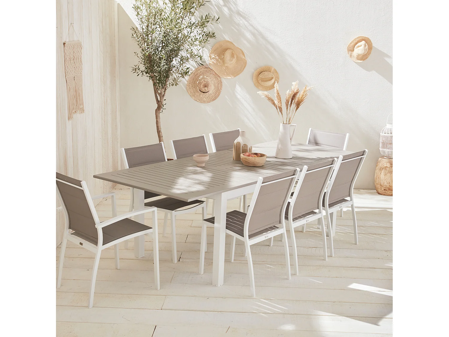 Mesa de jardín extensible de aluminio con 8 sillas blanco