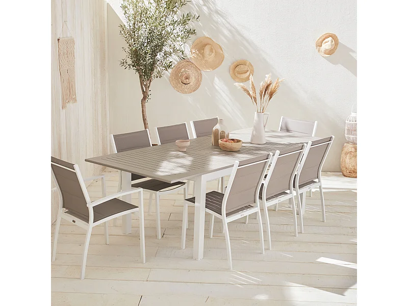 Table de jardin extensible aluminium + 8 assises - Chicago Blanc / Taupe - Table extensible 175/245cm avec rallonge et 8 assises en textilène