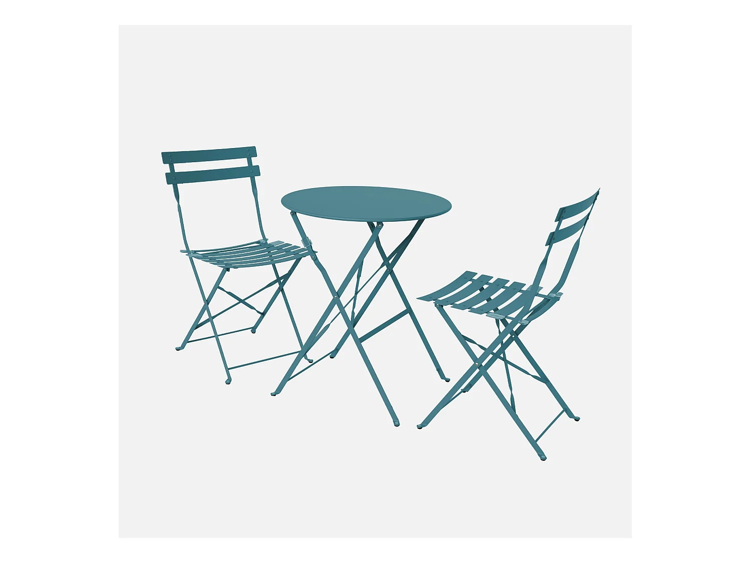 Table de jardin bistrot pliante métal + 2 assises bleu canard Ø60 x 70cm. acier thermolaqué