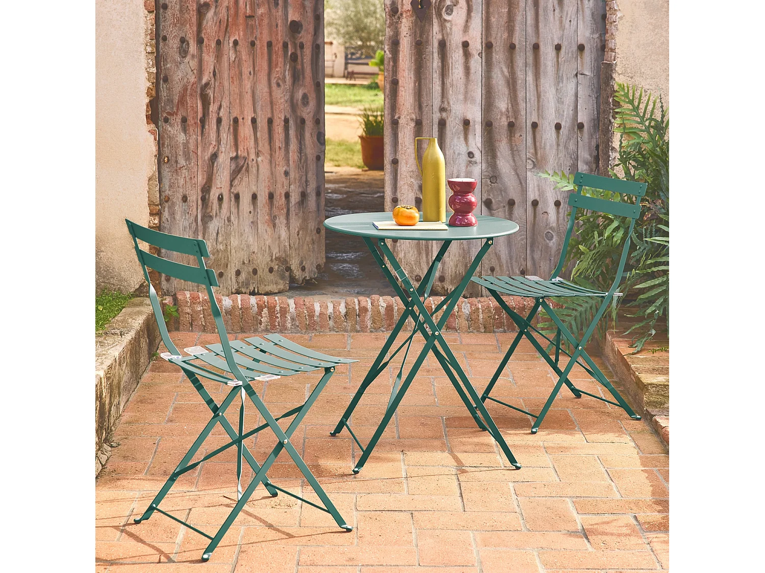 Set mesa de jardín bistró plegable de acero con 2 sillas,  ø60cm azul