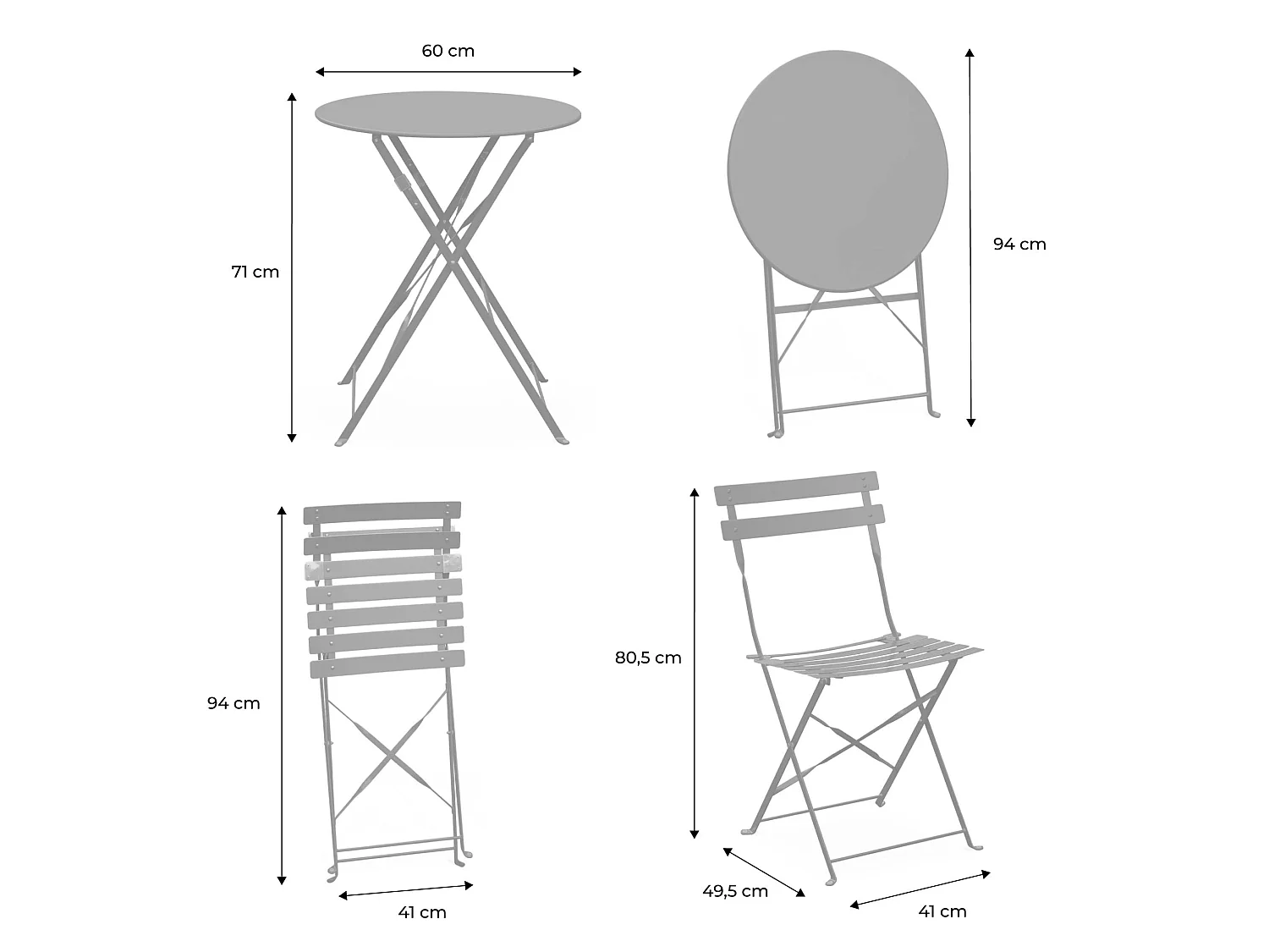 Table de jardin bistrot pliante métal + 2 assises bleu canard Ø60 x 70cm. acier thermolaqué