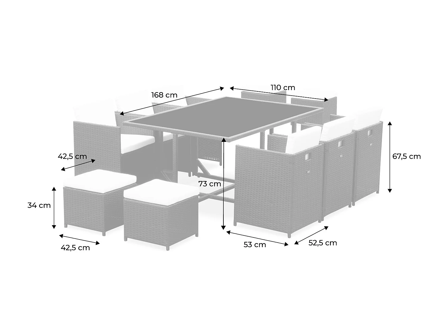 Set tavolo da giardino in resina intrecciata, 6-10 posti, scala di