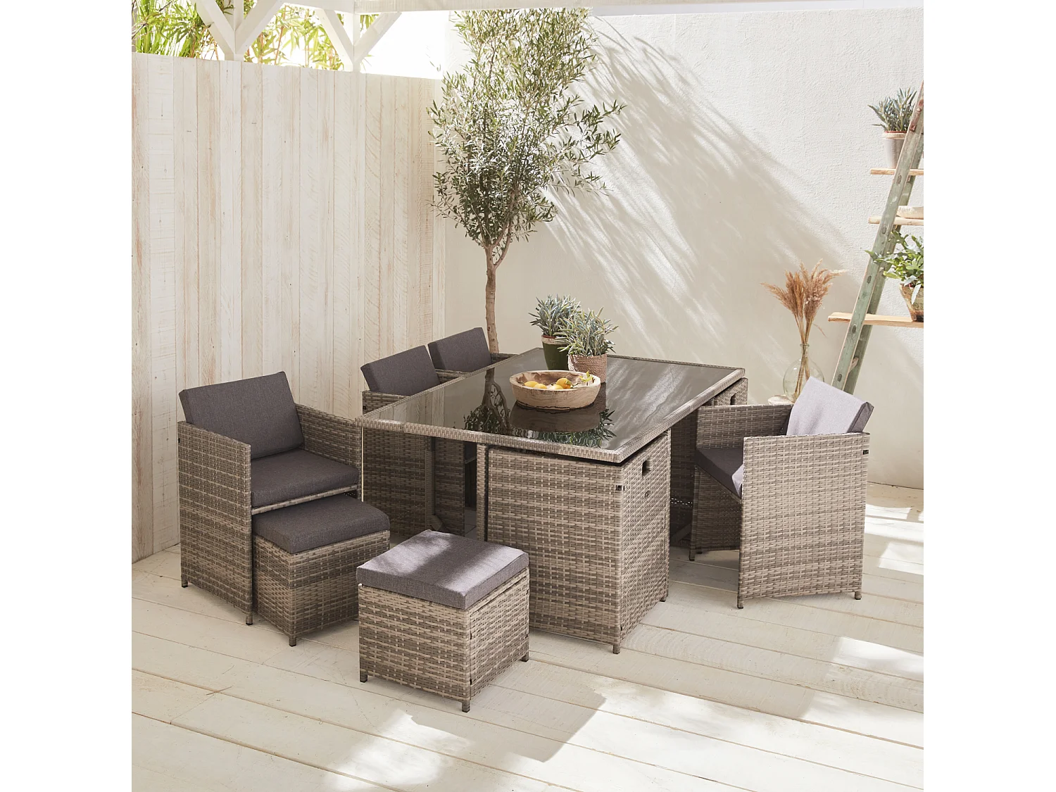 Set tavolo da giardino in resina intrecciata con 6-10 posti, scala di