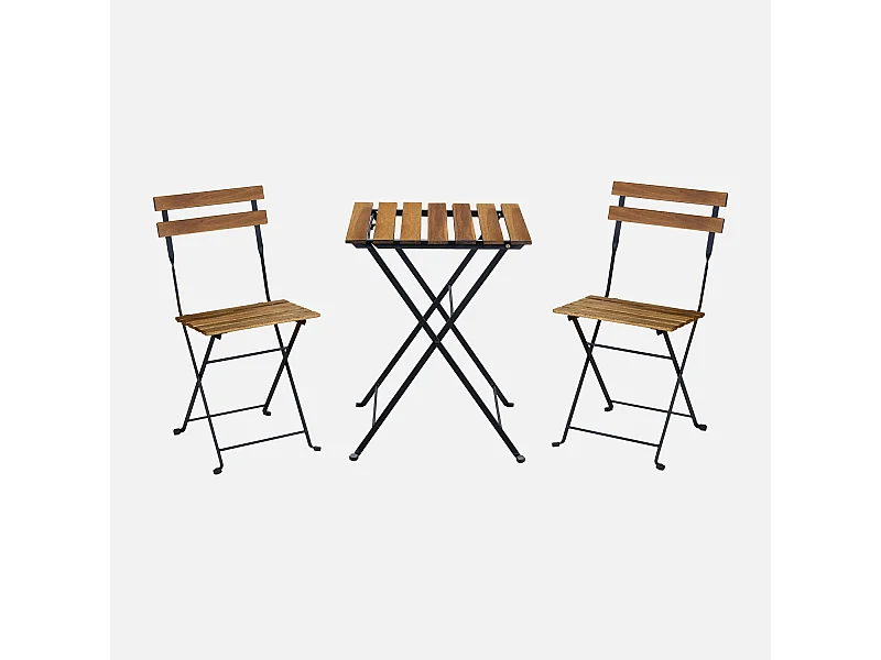 Set tavolo da bistrot in legno, metallo, 2 sedie pieghevoli, nero
