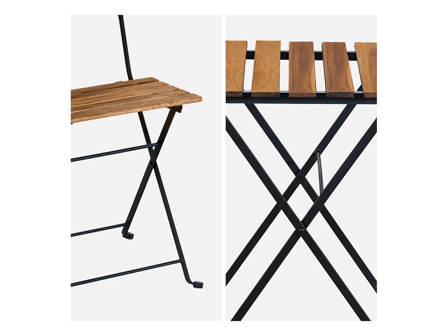 Set tavolo da bistrot in legno, metallo, 2 sedie pieghevoli, nero