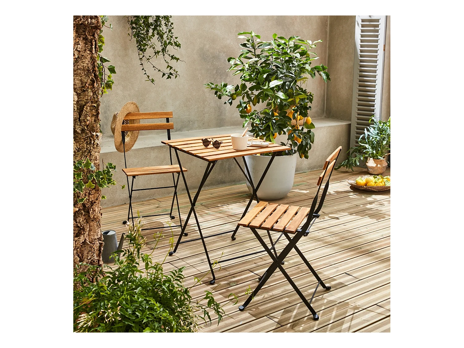 Set tavolo da bistrot in legno, metallo, 2 sedie pieghevoli, nero