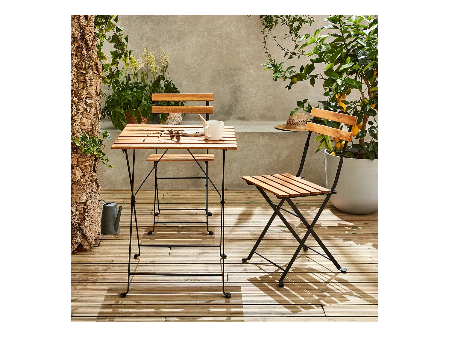 Set tavolo da bistrot in legno, metallo, 2 sedie pieghevoli, nero