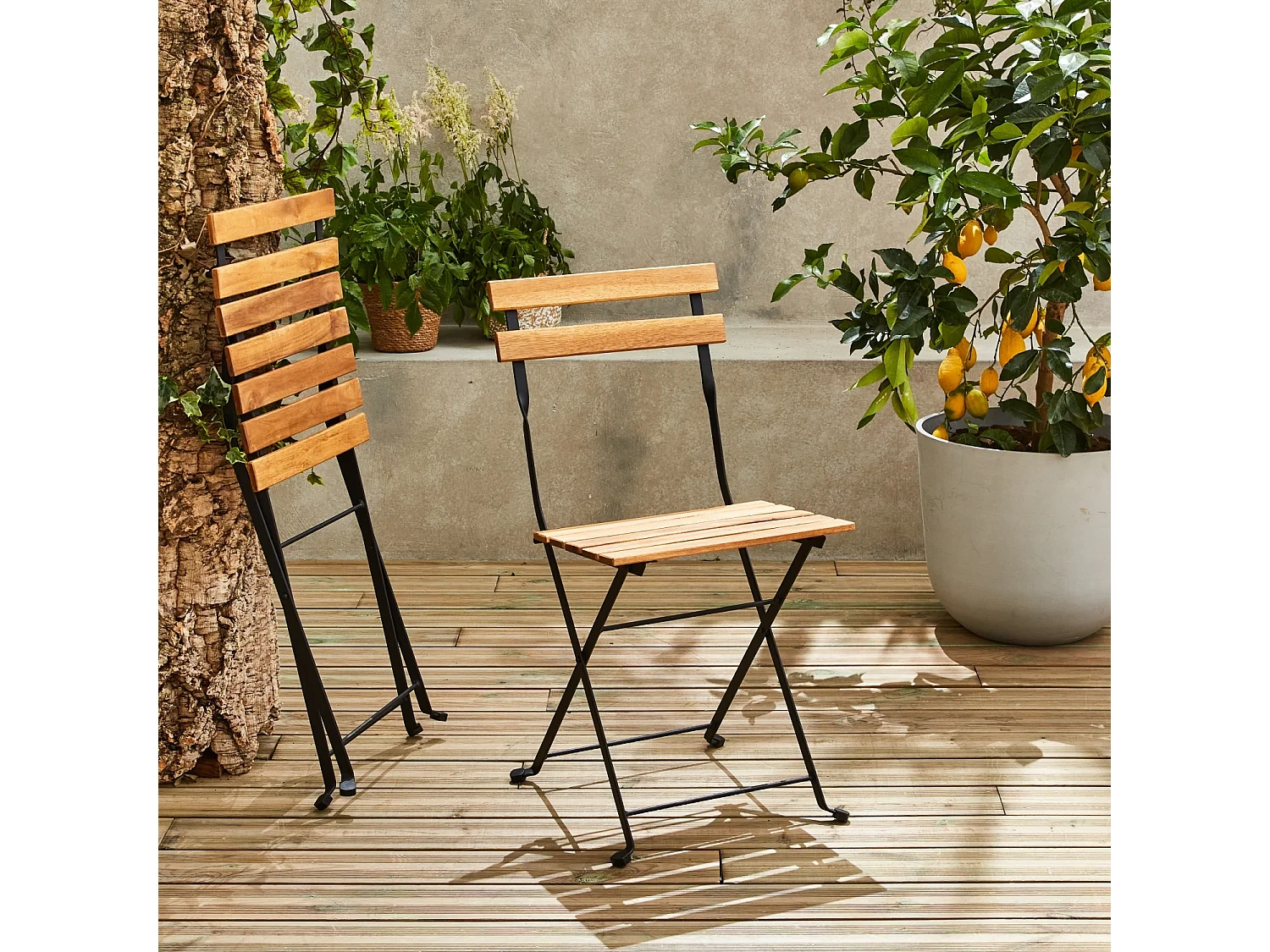 Set tavolo da bistrot in legno, metallo, 2 sedie pieghevoli, nero