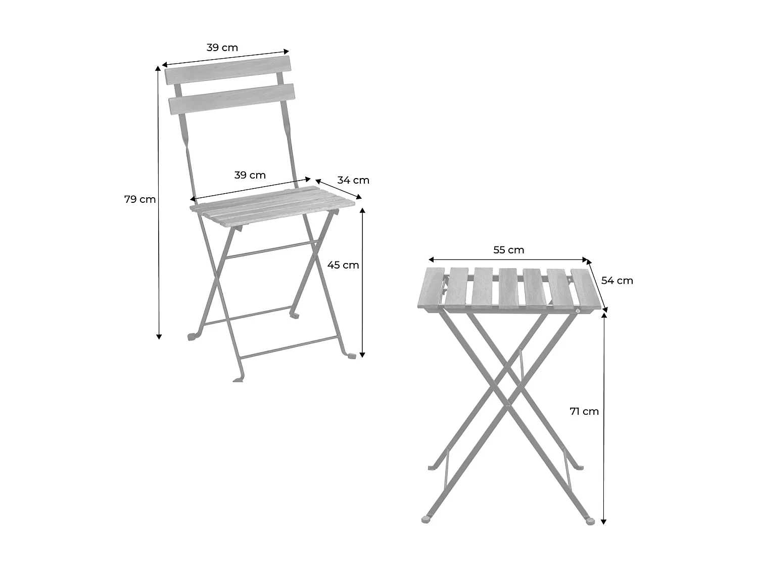 Set tavolo da bistrot in legno, metallo, 2 sedie pieghevoli, nero